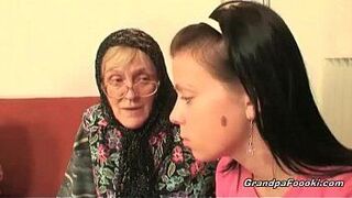 Hot babe helps granny to sucks a cock - porn video